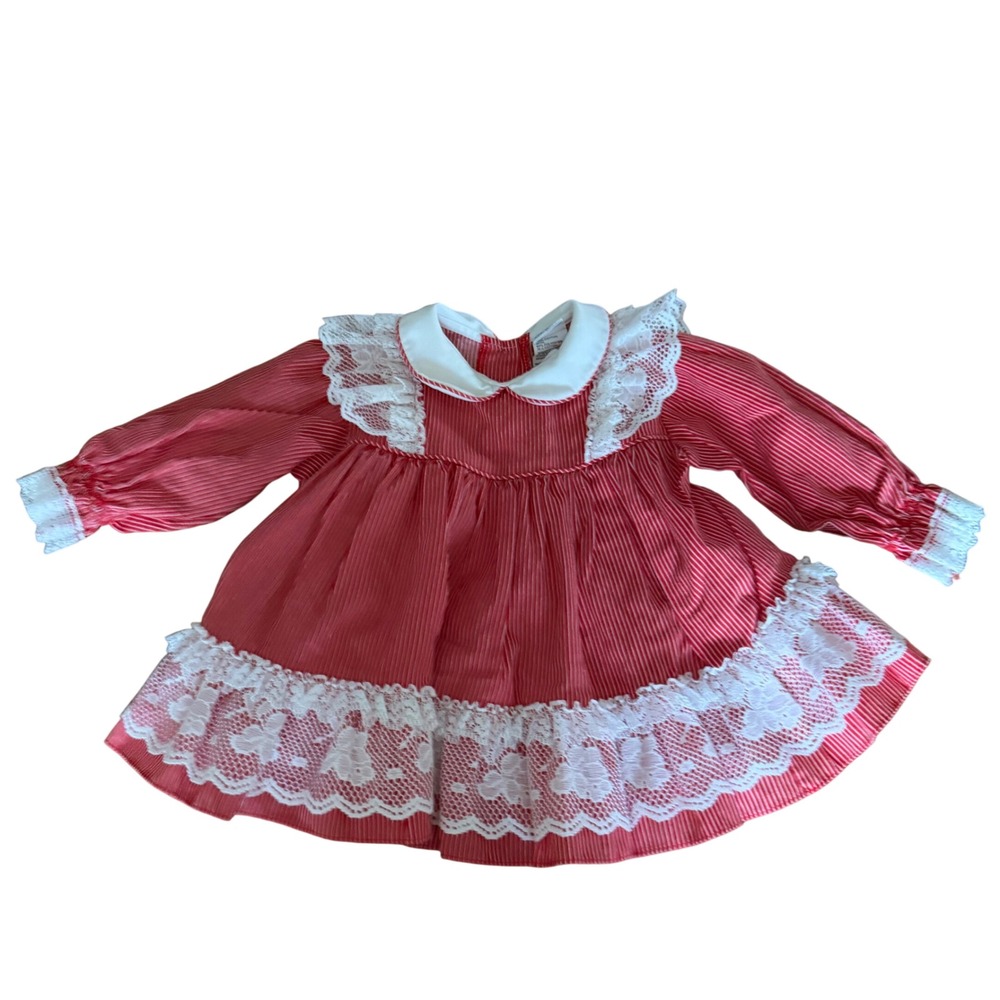 Vintage Baby Bryan Red and White Polka Dot Lace Dress Size 12 Months